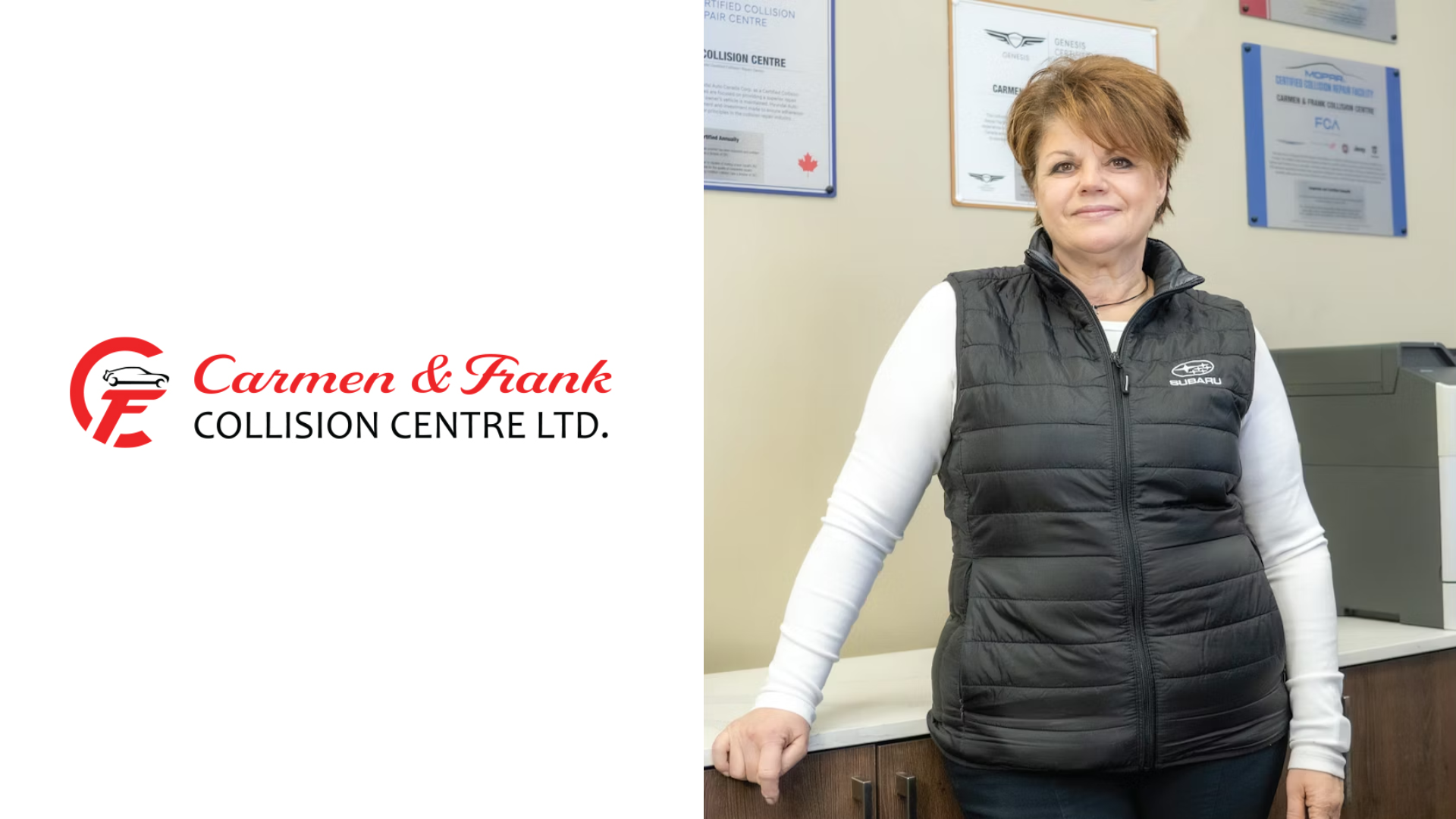Carmen & Frank Collision Centre Ltd. logo with woman in black vest standing in office