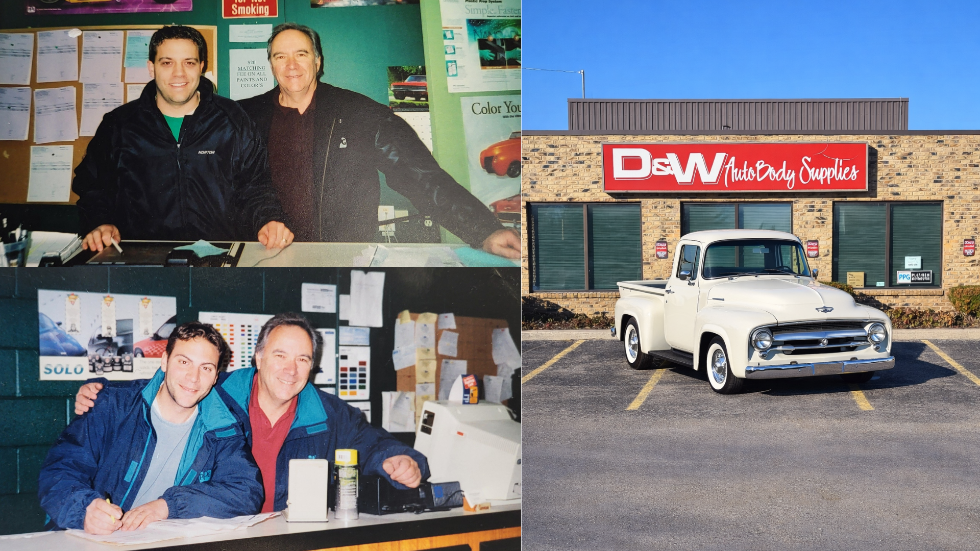 Composite image showing vintage photos of men at a workshop and a classic white truck parked outside D&W Auto Body Supplies building