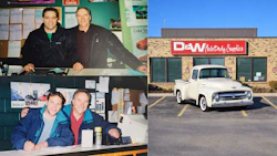 Composite image showing vintage photos of men at a workshop and a classic white truck parked outside D&W Auto Body Supplies building