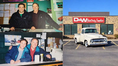 Composite image showing vintage photos of men at a workshop and a classic white truck parked outside D&W Auto Body Supplies building