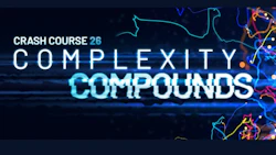 Crash Course 26 Complexity Compounds course title with neon cyan and blue glowing text on dark background with molecular network graphics