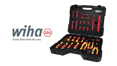 Wiha insulated electrical tool kit in black carrying case with red and yellow tools organized in foam compartments