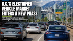 Vancouver highway traffic with Cambie Bridge and snow-capped mountains, featuring headline about B.C.'s electrified vehicle market growth