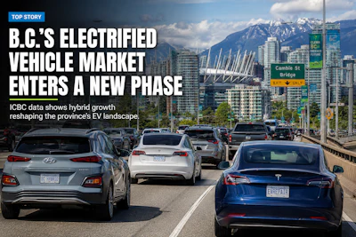 Vancouver highway traffic with Cambie Bridge and snow-capped mountains, featuring headline about B.C.'s electrified vehicle market growth