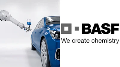 BASF logo with blue car and industrial spray painting robot demonstrating automotive coating chemistry