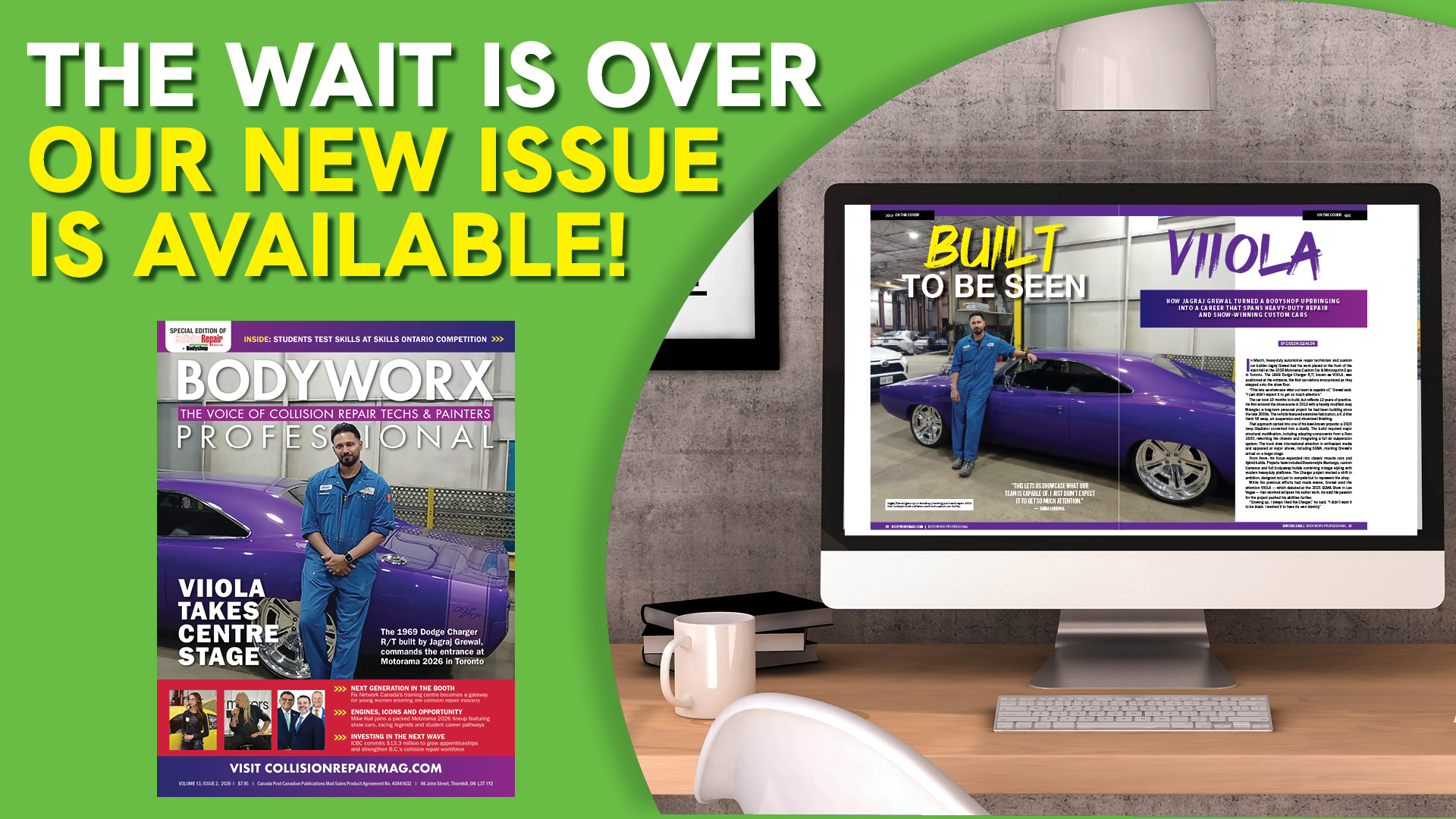 Bodywork Magazine new issue announcement featuring Viola car feature, displayed on magazine cover and desktop monitor