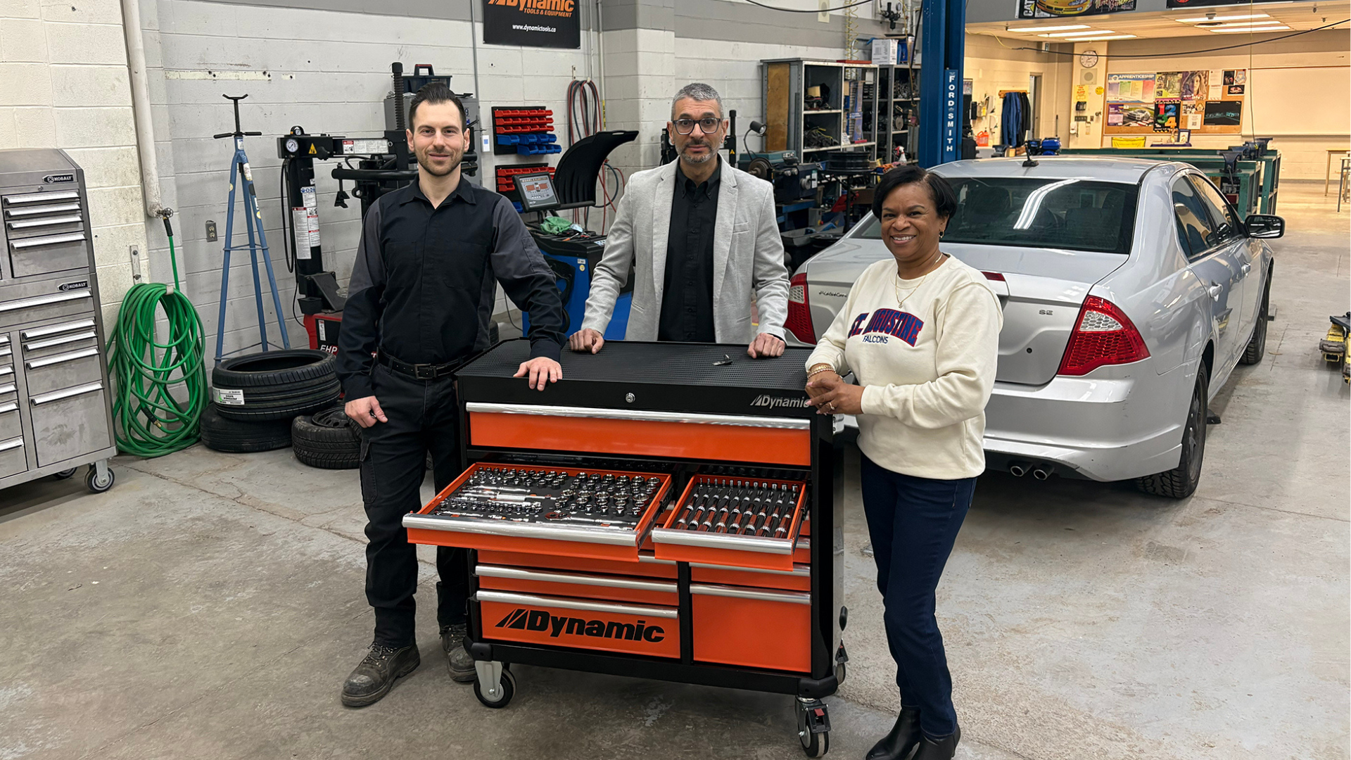 Pictured here with the donated Dynamic Master Tool Set are Giovanni Rossi (left), instructor at St.Augustine Secondary School, Frank Dominguez (center), VP of Marketing at Gray Tools, and St.Augustine’s Principal Sophia Maloney (right).