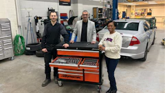 Pictured here with the donated Dynamic Master Tool Set are Giovanni Rossi (left), instructor at St.Augustine Secondary School, Frank Dominguez (center), VP of Marketing at Gray Tools, and St.Augustine’s Principal Sophia Maloney (right).