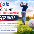 CHC Paint Golf Tournament promotional poster featuring golfer mid-swing at sunset, sold out event June 11, 2026 at Cedar Brae Golf Club