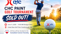 CHC Paint Golf Tournament promotional poster featuring golfer mid-swing at sunset, sold out event June 11, 2026 at Cedar Brae Golf Club