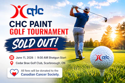 CHC Paint Golf Tournament promotional poster featuring golfer mid-swing at sunset, sold out event June 11, 2026 at Cedar Brae Golf Club