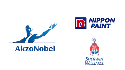 Three paint company logos: AkzoNobel with blue figure, Nippon Paint with red square symbol, and Sherwin-Williams with red paint can