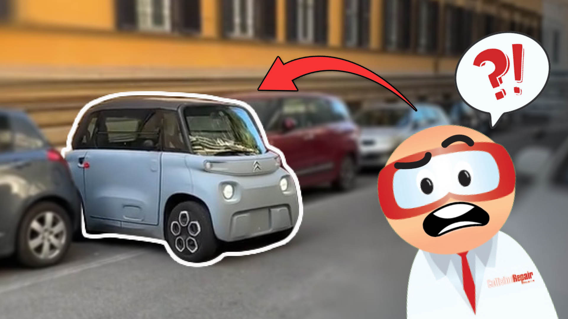 Confused cartoon mechanic pointing at a light blue Citroën Ami car parked on a city street
