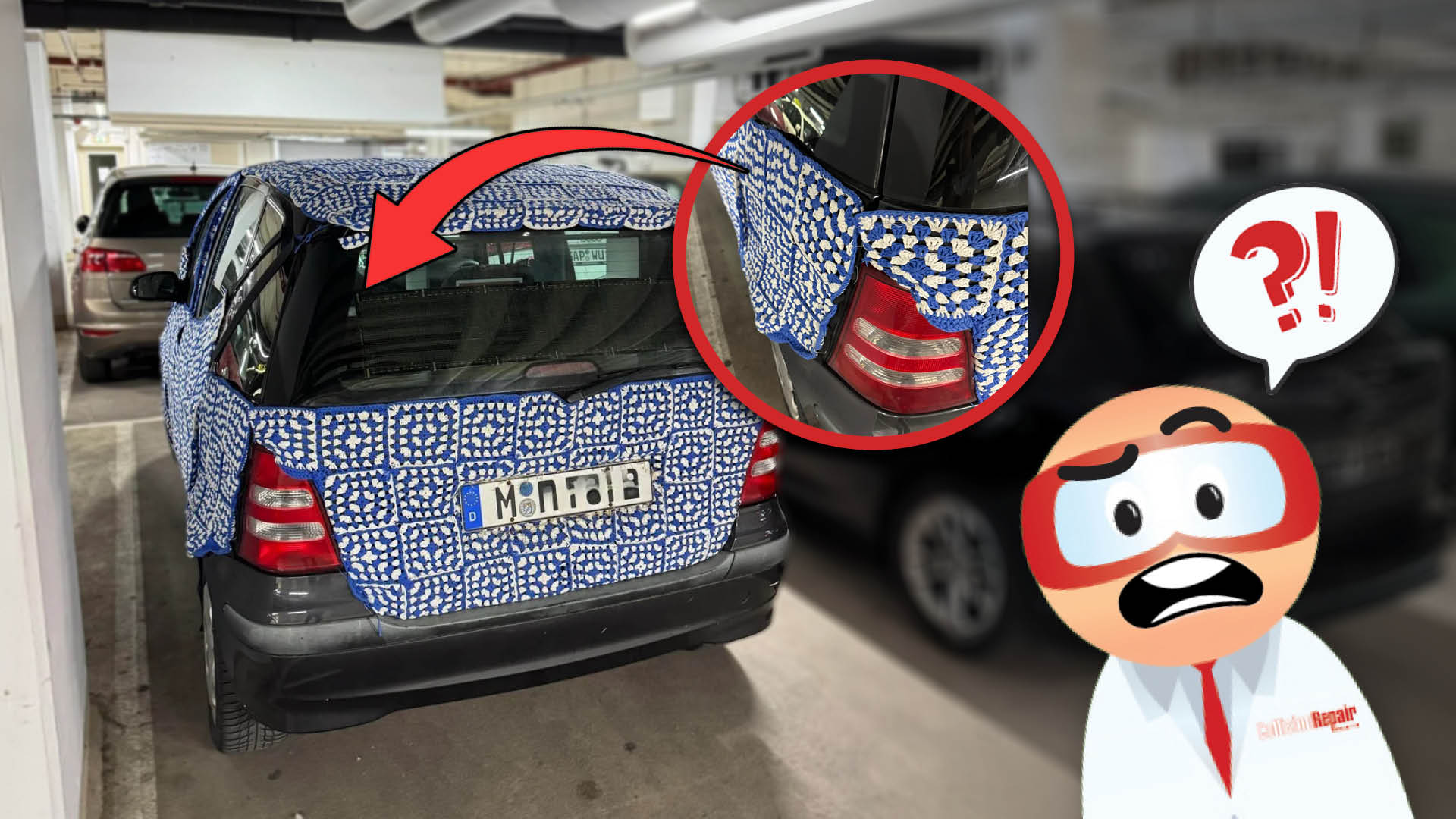 Blue and white patterned car wrap in parking garage with highlighted details and confused character reaction