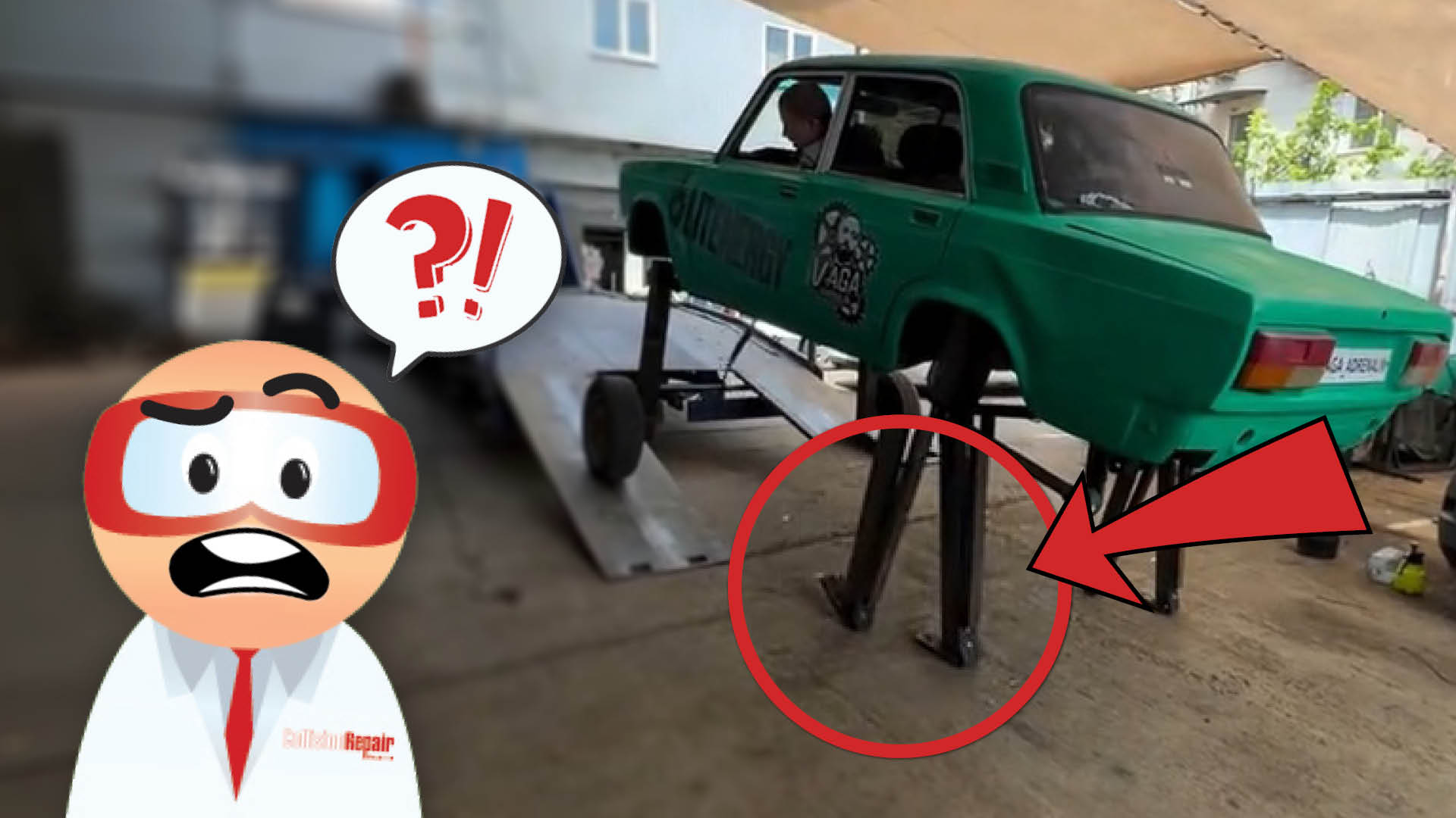 Confused mechanic character with question mark next to lifted green car on jack stands in garage
