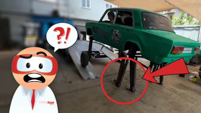 Confused mechanic character with question mark next to lifted green car on jack stands in garage