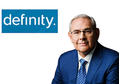 Definity company logo with professional headshot of male executive in blue suit and glasses