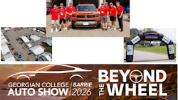 Georgian College Barrie Auto Show 2026 promotional collage featuring Honda vehicle display, team members, event venue, and Beyond the Wheel branding