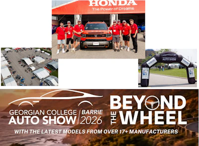Georgian College Barrie Auto Show 2026 promotional collage featuring Honda vehicle display, team members, event venue, and Beyond the Wheel branding