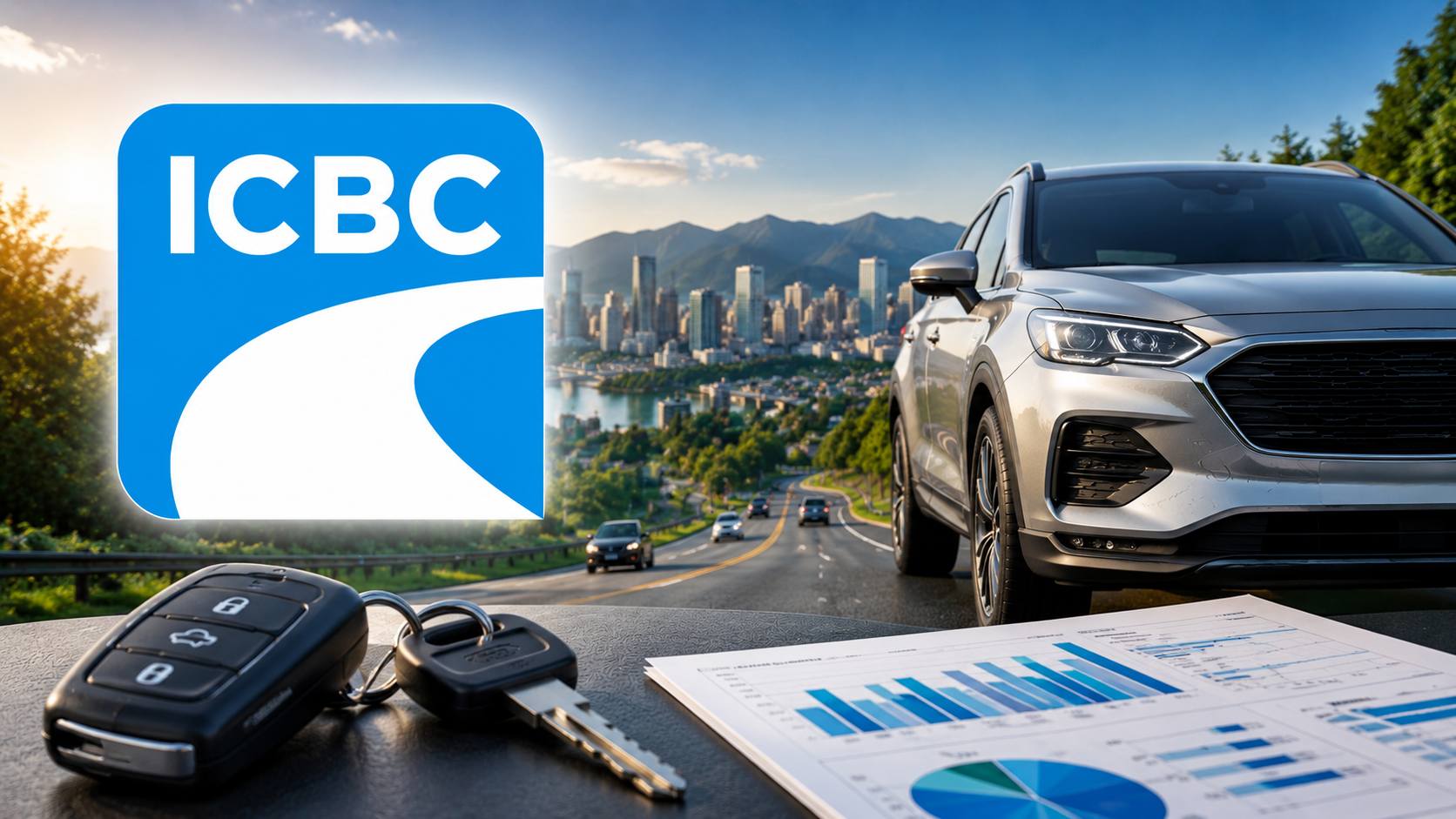 ICBC logo with white SUV on highway, cityscape, car keys, and financial charts representing banking and automotive services