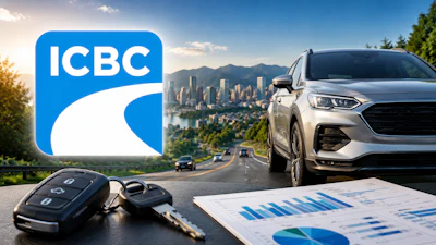 ICBC logo with white SUV on highway, cityscape, car keys, and financial charts representing banking and automotive services