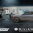 Ultimate ADAS and Rivian Certified Collision Network advertisement featuring silver SUV with wheel alignment equipment in professional garage setting