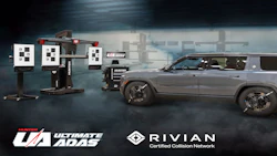 Ultimate ADAS and Rivian Certified Collision Network advertisement featuring silver SUV with wheel alignment equipment in professional garage setting