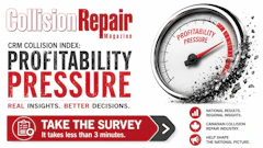 Collision Repair Magazine CRM Collision Index survey promoting profitability pressure analysis with gauge graphic and call-to-action
