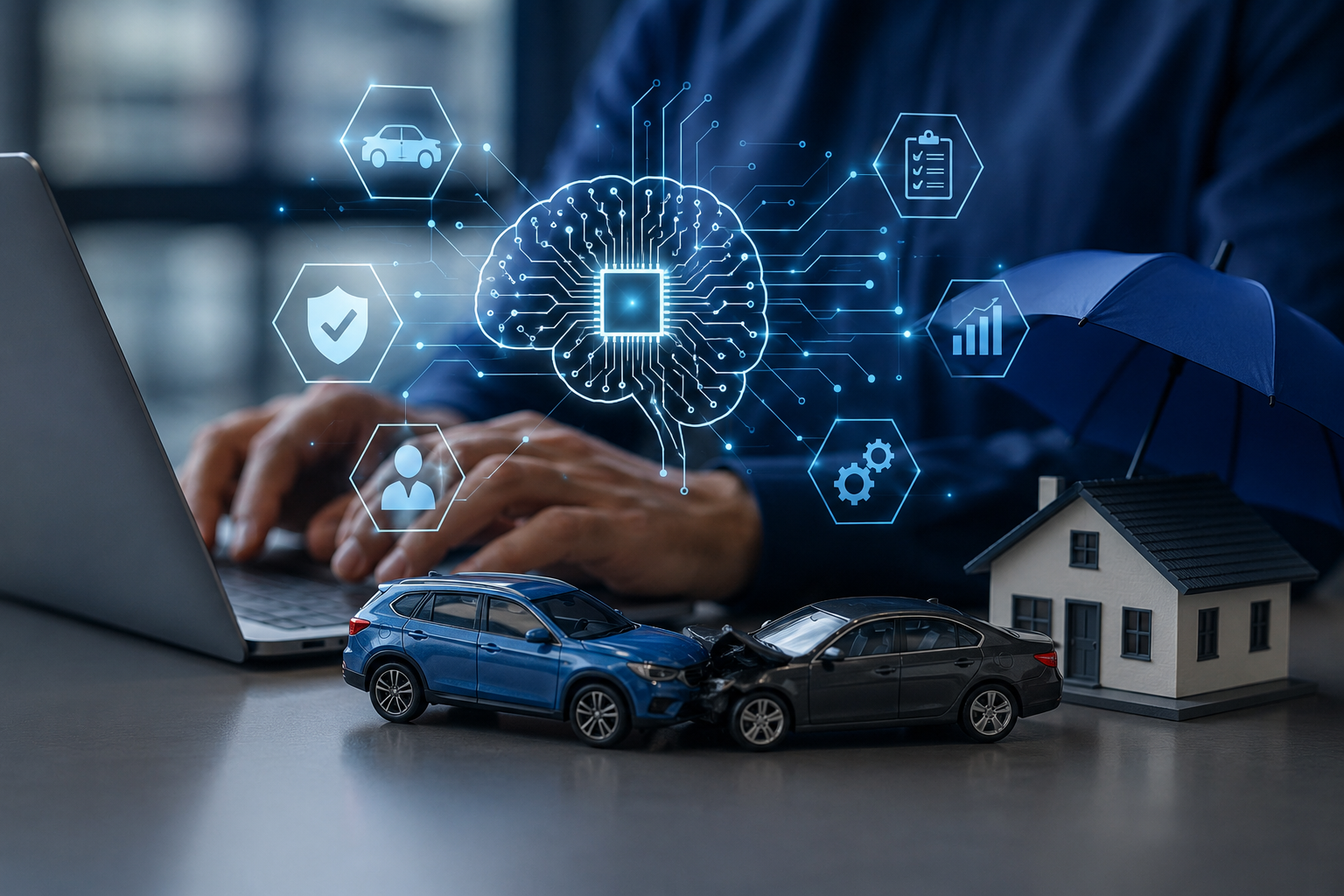 Digital transformation concept showing AI brain icon with insurance and business service symbols including car, house, and laptop interface