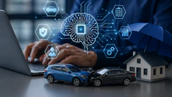 Digital transformation concept showing AI brain icon with insurance and business service symbols including car, house, and laptop interface