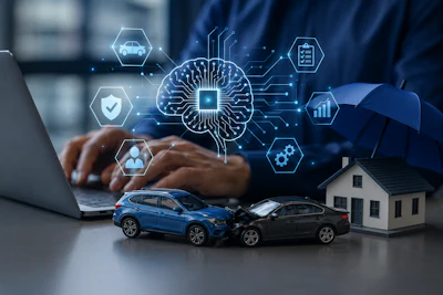 Digital transformation concept showing AI brain icon with insurance and business service symbols including car, house, and laptop interface