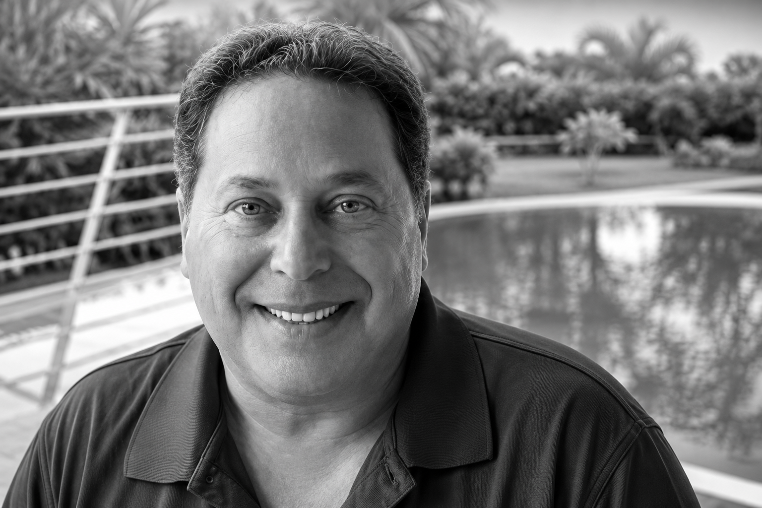 Professional black and white portrait of a smiling man outdoors with water and palm trees in background