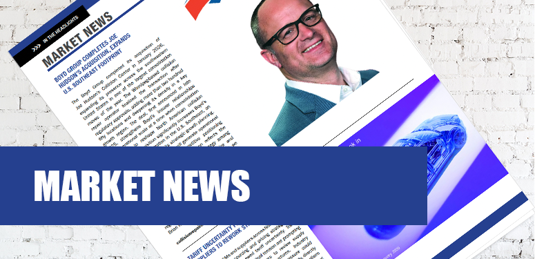 Market News section header with professional man, article text, and blue geometric design elements on white background