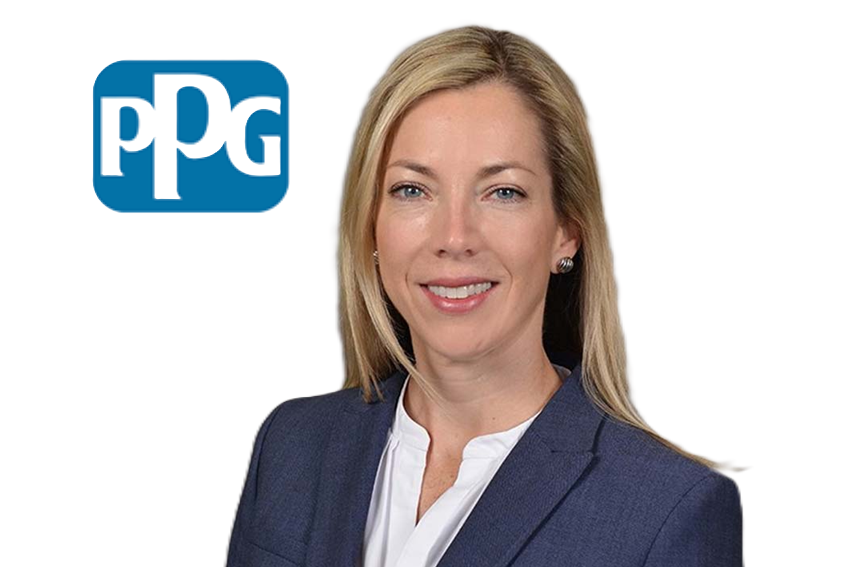 Professional woman in navy blazer with PPG Industries logo