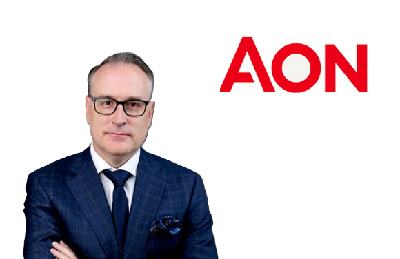 Professional man in navy suit with glasses and AON logo branding