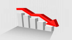 Declining bar chart with red downward arrow indicating financial loss or negative business trend