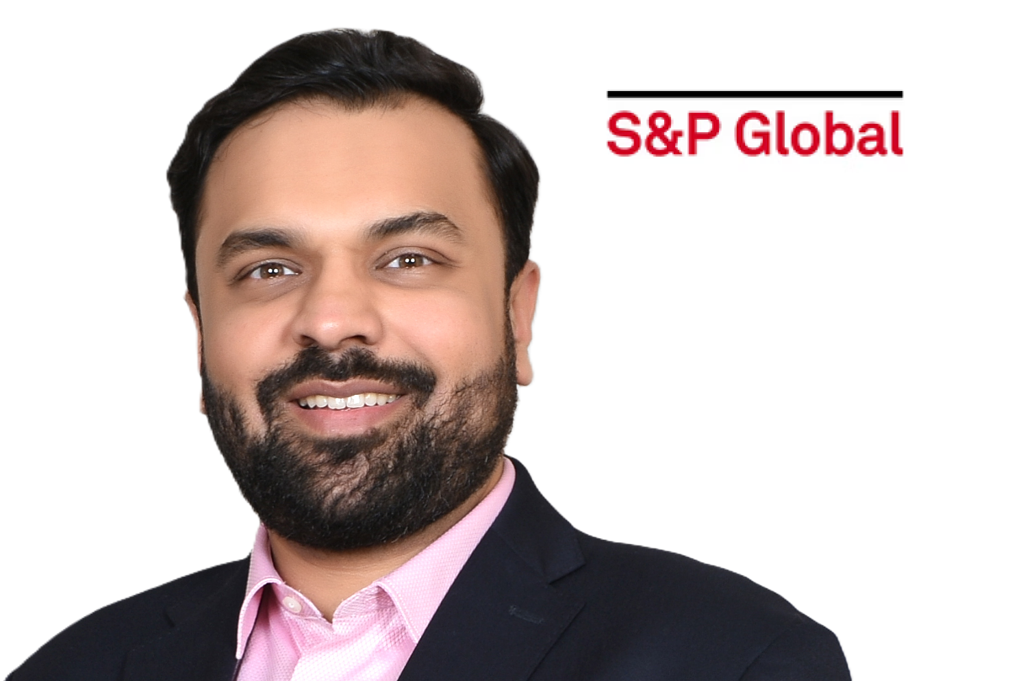 Professional headshot of man in pink shirt and dark blazer with S&P Global logo