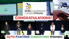 Skills/Compétences Canada Ontario logo with congratulations message and auto painting competition winners on stage