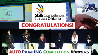 Skills/Compétences Canada Ontario logo with congratulations message and auto painting competition winners on stage