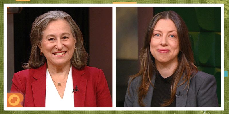 Two professional women smiling during a media interview or talk show appearance in separate panels