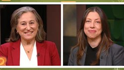 Two professional women smiling during a media interview or talk show appearance in separate panels
