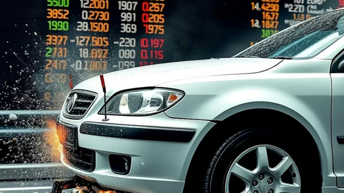 White Geely SUV with financial market data overlay and dynamic crash effects symbolizing automotive investment