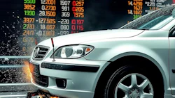 White Geely SUV with financial market data overlay and dynamic crash effects symbolizing automotive investment