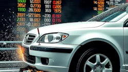 White SUV with Geely logo displayed against financial stock market data and numbers background