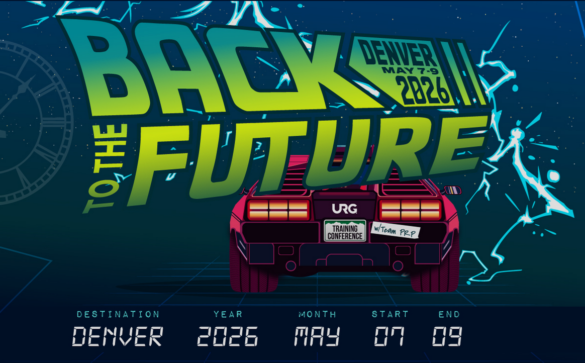 Back to the Future Denver conference poster May 2026 featuring neon yellow text and retro DeLorean car illustration