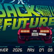 Back to the Future Denver conference poster May 2026 featuring neon yellow text and retro DeLorean car illustration
