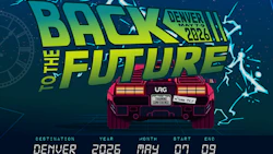 Back to the Future Denver conference poster May 2026 featuring neon yellow text and retro DeLorean car illustration