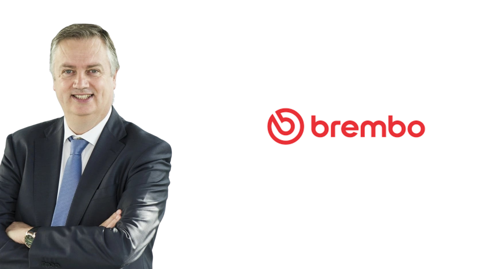 Professional male executive in dark suit and blue tie with Brembo logo