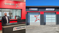 CARSTAR and UNIGLASS automotive service center storefront with red and blue branding, reception counter, and service garage bays