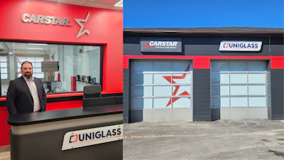 CARSTAR and UNIGLASS automotive service center storefront with red and blue branding, reception counter, and service garage bays